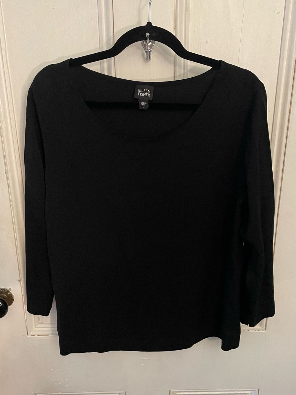 Eileen Fisher Black Silk Blend Stretch Top Women’s Large 3/4 Sleeve Minimalist